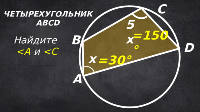 C Четырехугольник  ABCD 5х =150° B Найдите    и  D х =30° A  