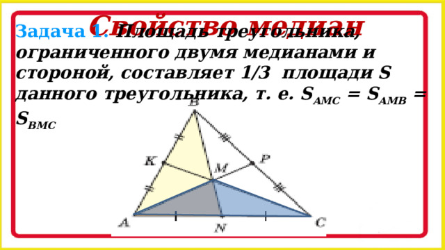 Свойство медиан Задача 1. Площадь треугольника, ограниченного двумя медианами и стороной, составляет 1/3 площади S данного треугольника, т. е. S AMC = S AMB = S BMC  