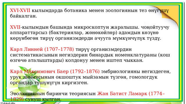 XVI-XVII кылымдарда ботаника менен зоологиянын тез өнүгүшү байкалган. XVII -кылымдын башында микроскоптун жаралышы. чоңойтуучу аппараттарсыз (бактериялар, жөнөкөйлөр) адамдын көзүнө көрүнбөгөн тирүү организмдерди ачууга мүмкүнчүлүк түздү. Карл Линней (1707–1778) тирүү организмдердин систематикасынын негиздерин бинардык номенклатураны (кош өзгөчө аталыштарды) колдонуу менен иштеп чыккан. Карл Максимович Баер (1792–1876) эмбриологияны негиздеген, урук линиясынын окшоштук мыйзамын түзгөн, гомологдук органдар түшүнүгүн киргизген. Эволюциянын биринчи теориясын Жан Батист Ламарк (1774–1829) сунуш кылган. 