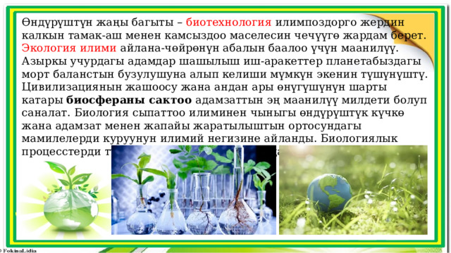 Өндүрүштүн жаңы багыты – биотехнология илимпоздорго жердин калкын тамак-аш менен камсыздоо маселесин чечүүгө жардам берет. Экология илими айлана-чөйрөнүн абалын баалоо үчүн маанилүү. Азыркы учурдагы адамдар шашылыш иш-аракеттер планетабыздагы морт баланстын бузулушуна алып келиши мүмкүн экенин түшүнүштү. Цивилизациянын жашоосу жана андан ары өнүгүшүнүн шарты катары биосфераны сактоо адамзаттын эң маанилүү милдети болуп саналат. Биология сыпаттоо илиминен чыныгы өндүрүштүк күчкө жана адамзат менен жапайы жаратылыштын ортосундагы мамилелерди куруунун илимий негизине айланды. Биологиялык процесстерди түшүнүү ар бир адам үчүн абдан маанилүү. 