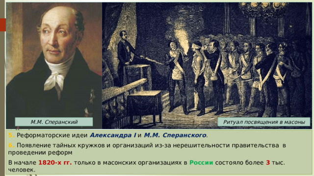 М.М. Сперанский Ритуал посвящения в масоны 5. Реформаторские идеи Александра I и М.М. Сперанского . 6. Появление тайных кружков и организаций из-за нерешительности правительства в проведении реформ В начале 1820-х гг. только в масонских организациях в России состояло более 3 тыс. человек. 