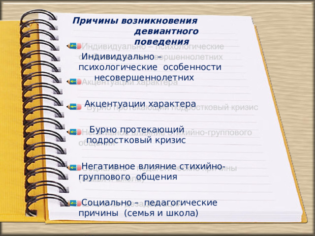 Причины возникновения девиантного  поведения Индивидуально  –  психологические  особенности  несовершеннолетних Акцентуации  характера Бурно  протекающий  подростковый  кризис Негативное влияние стихийно-группового  общения Социально  –  педагогические причины  (семья  и  школа) Школьная  дезадаптация 