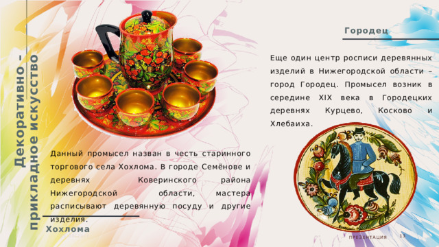 Декоративно – прикладное искусство Городец Еще один центр росписи деревянных изделий в Нижегородской области – город Городец. Промысел возник в середине XIX века в Городецких деревнях Курцево, Косково и Хлебаиха. Данный промысел назван в честь старинного торгового села Хохлома. В городе Семёнове и деревнях Коверинского района Нижегородской области, мастера расписывают деревянную посуду и другие изделия. Хохлома 05.08.20ГГ  Презентация  