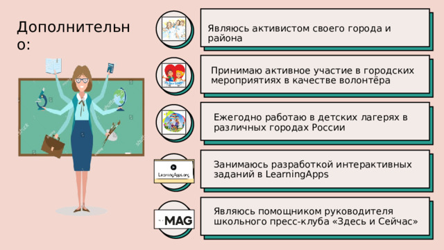 Дополнительно:   Являюсь активистом своего города и района Принимаю активное участие в городских мероприятиях в качестве волонтёра Ежегодно работаю в детских лагерях в различных городах России Занимаюсь разработкой интерактивных заданий в LeаrningApps Являюсь помощником руководителя школьного пресс-клуба «Здесь и Сейчас» 