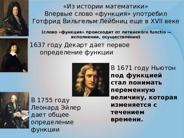 «Из истории математики»  Впервые слово «функция» употребил Готфрид Вильгельм Лейбниц еще в XVII веке   (слово «функция» происходит от латинского functio — исполнение, осуществление) В 1637 году Декарт дает первое определение функции В 1671 году Ньютон под функцией стал понимать переменную величину, которая изменяется с течением времени. В 1755 году Леонард Эйлер дает общее определение функции 