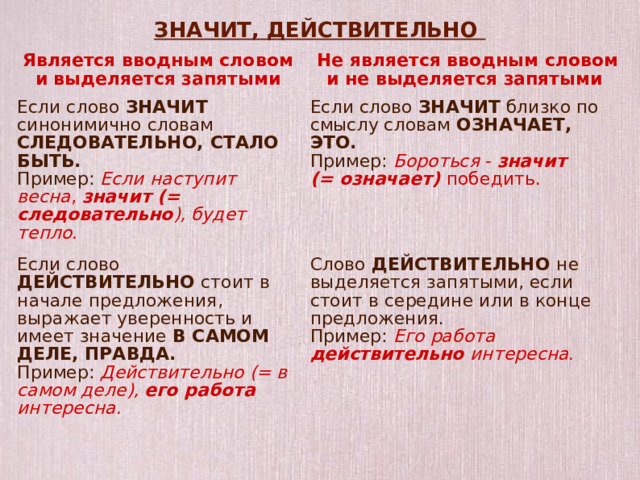 ЗНАЧИТ, ДЕЙСТВИТЕЛЬНО  Является вводным словом и выделяется запятыми  Не является вводным словом и не выделяется запятыми Если слово ЗНАЧИТ синонимично словам СЛЕДОВАТЕЛЬНО, СТАЛО БЫТЬ. Пример: Если наступит весна , значит (= следовательно ), будет тепло. Если слово ЗНАЧИТ близко по смыслу словам ОЗНАЧАЕТ, ЭТО. Пример: Бороться - значит Если слово ДЕЙСТВИТЕЛЬНО стоит в начале предложения, выражает уверенность и имеет значение В САМОМ ДЕЛЕ, ПРАВДА. Пример:  Действительно (= в самом деле), его работа интересна. (= означает) победить. Слово ДЕЙСТВИТЕЛЬНО не выделяется запятыми, если стоит в середине или в конце предложения. Пример: Его работа действительно интересна.  