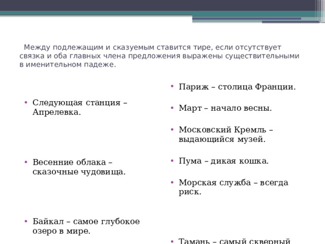    Между подлежащим и сказуемым ставится тире, если отсутствует связка и оба главных члена предложения выражены существительными в именительном падеже.   Следующая станция – Апрелевка. Париж – столица Франции. Весенние облака – сказочные чудовища. Март – начало весны. Байкал – самое глубокое озеро в мире. Московский Кремль – выдающийся музей. Москва – сердце России. Пума – дикая кошка. Морская служба – всегда риск. Каждый человек – кузнец своего счастья. Тамань – самый скверный городишко... Фонетика – учение о звуках. Все богачи – скряги. Обь – крупнейшая река Сибири. 