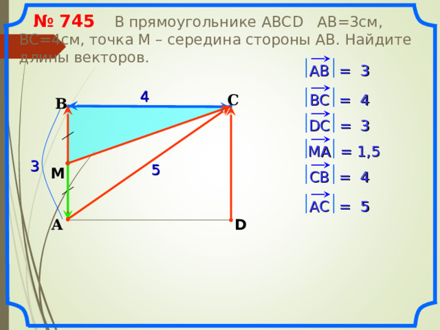  № 745   В прямоугольнике АВС D АВ=3см, ВС=4см, точка М – середина стороны АВ. Найдите длины векторов. АВ = 3 4 В C = 4 С В 3 D С = M А = 1,5 3 5 M СВ = 4 5 АС = D А «Геометрия 7-9» Л.С. Атанасян и др. 13 
