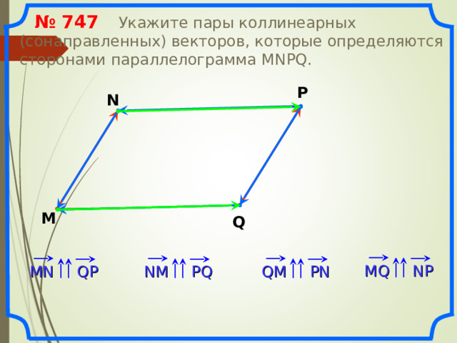  № 74 7   Укажите пары коллинеарных (сонаправленных) векторов, которые определяются сторонами параллелограмма MNPQ . P N M Q «Геометрия 7-9» Л.С. Атанасян и др. MQ NP QM PN PQ QP MN NM 14 