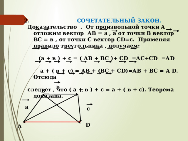  СОЧЕТАТЕЛЬНЫЙ ЗАКОН.  Доказательство . От произвольной точки А отложим вектор АВ = а , а от точки В вектор ВС = в , от точки С вектор СD=с. Применяя правило треугольника , получаем:   (а + в ) + с = ( АВ + ВС )+ СD =АC+СD =АD   а + ( в + с) = АВ + (ВС + СD)=АВ + ВС = А D. Отсюда   следует , что ( а + в ) + с = а + ( в + с). Теорема доказана.  в В С а с . D А 