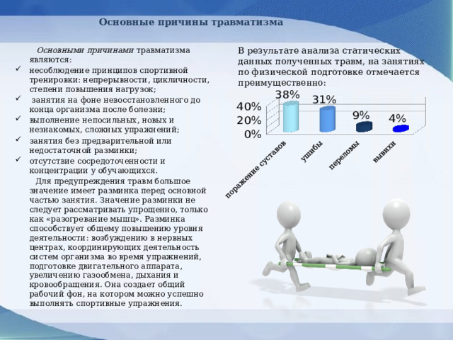 Основные причины травматизма   В результате анализа статических данных полученных травм, на занятиях по физической подготовке отмечается преимущественно:  Основными причинами травматизма являются: несоблюдение принципов спортивной тренировки: непрерывности, цикличности, степени повышения нагрузок;  занятия на фоне невосстановленного до конца организма после болезни; выполнение непосильных, новых и незнакомых, сложных упражнений; занятия без предварительной или недостаточной разминки; отсутствие сосредоточенности и концентрации у обучающихся.  Для предупреждения травм большое значение имеет разминка перед основной частью занятия. Значение разминки не следует рассматривать упрощенно, только как «разогревание мышц». Разминка способствует общему повышению уровня деятельности: возбуждению в нервных центрах, координирующих деятельность систем организма во время упражнений, подготовке двигательного аппарата, увеличению газообмена, дыхания и кровообращения. Она создает общий рабочий фон, на котором можно успешно выполнять спортивные упражнения. 