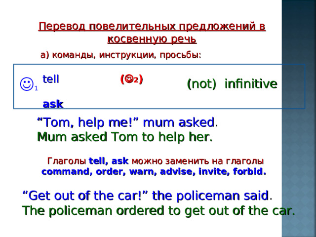 Перевод повелительных предложений в косвенную речь а) команды, инструкции, просьбы: tell (  2 )  ask  1  (not) infinitive “ Tom, help me!” mum asked . Mum asked Tom to help her. Глаголы tell, ask  можно заменить на глаголы command, order, warn, advise, invite, forbid. “ Get out of the car!” the policeman said . The policeman ordered to get out of the car. 