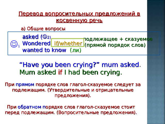 Перевод вопросительных предложений в косвенную речь а) Общие вопросы asked (  2) Wondered if/whether wanted to know ( ли ) подлежащее + сказуемое  (прямой порядок слов)   1 “ Have you been crying?” mum asked . Mum asked if I had been crying. При прямом порядке слов глагол-сказуемое следует за подлежащим. (Утвердительные и отрицательные предложения). При обратном п орядке слов глагол-сказуемое стоит перед подлежащим. (Вопросительные предложения). 