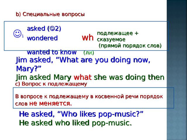 b ) Специальные вопросы asked (  2) wondered   wh   wanted to know   ( ли )  1 подлежащее + сказуемое  (прямой порядок слов)  Jim asked, “What are you doing now, Mary?” Jim asked Mary what she was doing then c) Вопрос к подлежащему В вопросе к подлежащему в косвенной речи порядок слов не меняется. He asked, “Who likes pop-music?” He asked who liked pop-music. 