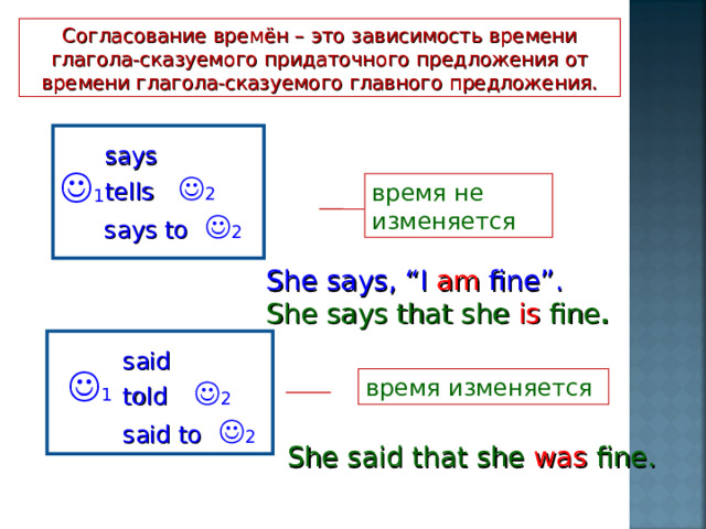 Согласование времён – это зависимость времени глагола-сказуемого придаточного предложения от времени глагола-сказуемого главного предложения.  says  tells    2  says to    2  1 время не изменяется She says, “I am fine”. She says that she is fine . said told     2 said to    2  1 время изменяется She said that she was fine. 