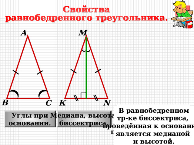 А М В К С N В равнобедренном треугольнике углы при основании равны. В равнобедренном тр-ке биссектриса, проведённая к основанию, является медианой и высотой. Углы при основании. Медиана, высота, биссектриса. 