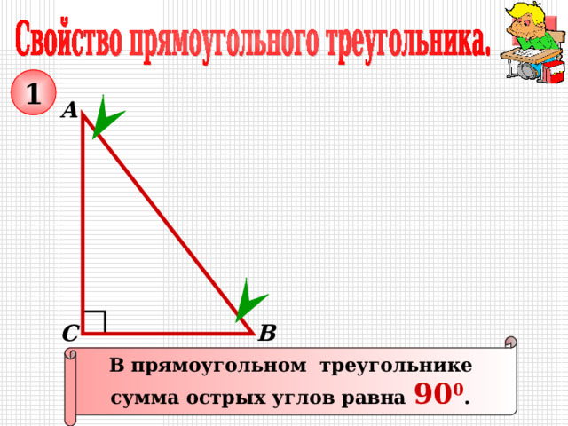 1 А В С В прямоугольном треугольнике сумма острых углов равна 90 0 . 