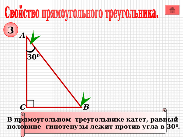 3 А 30 0 В С В прямоугольном треугольнике катет, равный половине гипотенузы лежит против угла в 30 0 . 