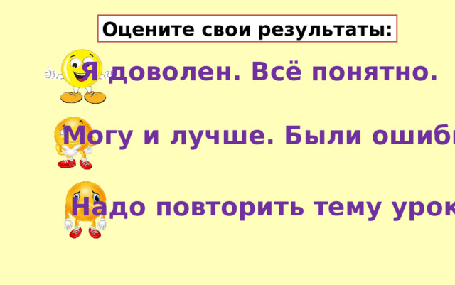 Оцените свои результаты: Я доволен. Всё понятно. Могу и лучше. Были ошибки. Надо повторить тему урока. 