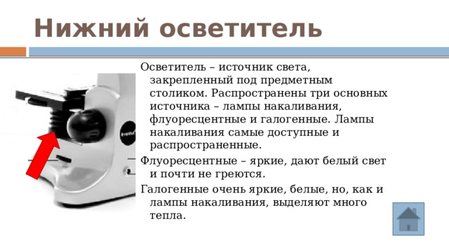 Нижний осветитель Осветитель – источник света, закрепленный под предметным столиком. Распространены три основных источника – лампы накаливания, флуоресцентные и галогенные. Лампы накаливания самые доступные и распространенные. Флуоресцентные – яркие, дают белый свет и почти не греются. Галогенные очень яркие, белые, но, как и лампы накаливания, выделяют много тепла. 