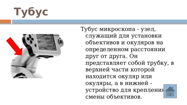 Тубус Тубус микроскопа - узел, служащий для установки объективов и окуляров на определенном расстоянии друг от друга. Он представляет собой трубку, в верхней части которой находится окуляр или окуляры, а в нижней - устройство для крепления и смены объективов. 