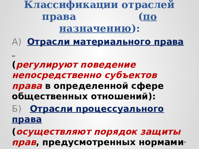 Классификации отраслей права ( по назначению ): А) Отрасли материального права ( регулируют поведение непосредственно субъектов права в определенной сфере общественных отношений): Б) Отрасли процессуального права ( осуществляют порядок защиты прав , предусмотренных нормами материального права) 