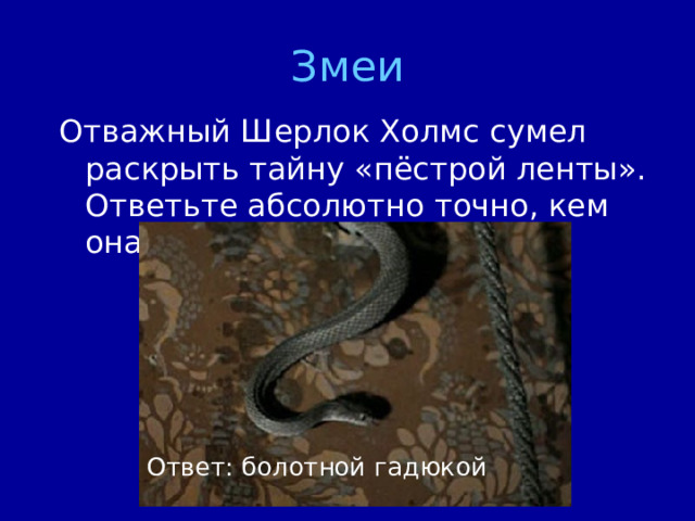 Змеи Ответ: болотной гадюкой 