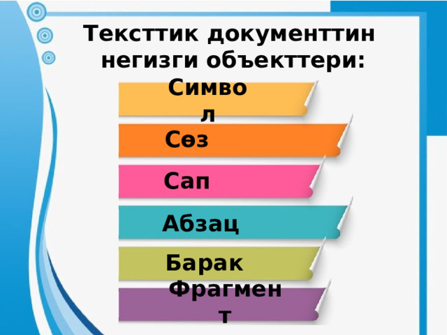 Тексттик документтин  негизги объекттери: Символ Сөз Сап Абзац Барак Фрагмент 