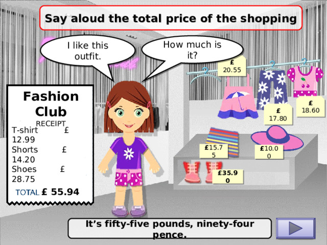 Say aloud the total price of the shopping I like this outfit. How much is it? £ 20.55 Fashion Club RECEIPT £ 18.60 £ 17.80 T-shirt £ 12.99 Shorts £ 14.20 Shoes £ 28.75 £ 15.75 £ 10.00 £ 35.90 £ 55.94 It’s fifty-five pounds, ninety-four pence. CHECK 