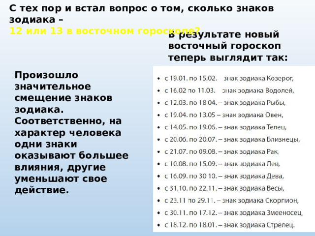 С тех пор и встал вопрос о том, сколько знаков зодиака – 12 или 13 в восточном гороскопе? В результате новый восточный гороскоп теперь выглядит так: Произошло значительное смещение знаков зодиака. Соответственно, на характер человека одни знаки оказывают большее влияния, другие уменьшают свое действие.   