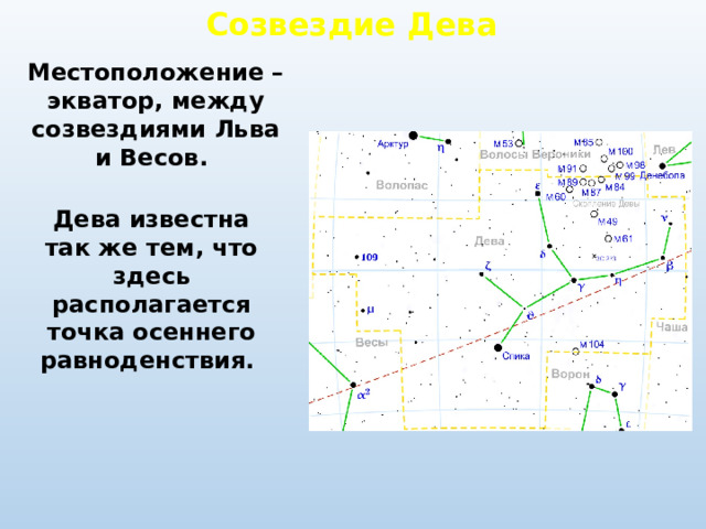 Созвездие Дева Местоположение – экватор, между созвездиями Льва и Весов. Дева известна так же тем, что здесь располагается точка осеннего равноденствия. 