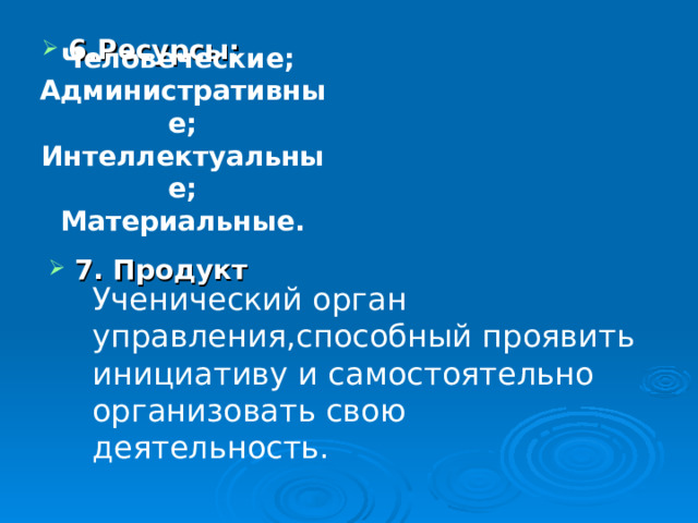 6.Ресурсы: Человеческие; Административные; Интеллектуальные; Материальные.  7. Продукт Ученический орган управления,способный проявить инициативу и самостоятельно организовать свою деятельность. 