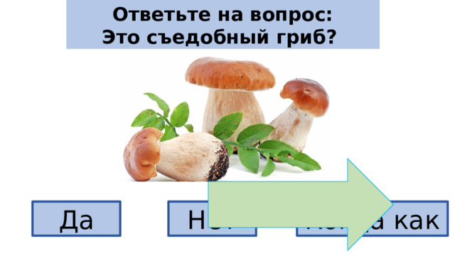 Ответьте на вопрос: Это съедобный гриб? Да Нет Когда как 