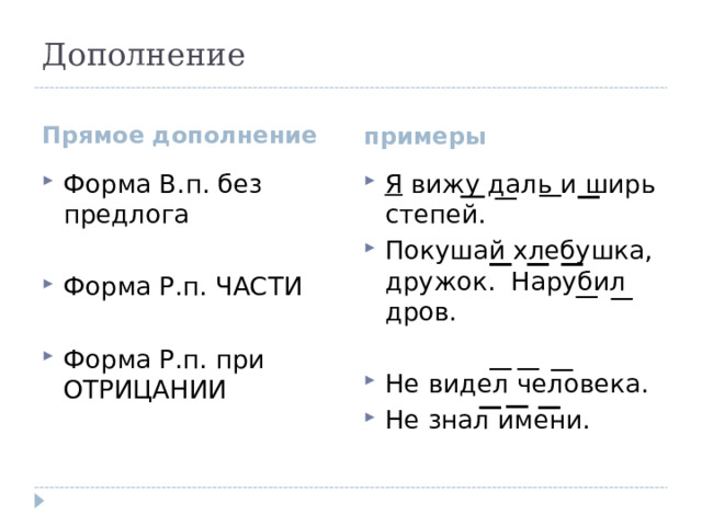 Дополнение Прямое дополнение примеры Форма В.п. без предлога Я вижу даль и ширь степей. Покушай хлебушка, дружок. Нарубил дров.  Не видел человека. Не знал имени.  Форма Р.п. ЧАСТИ Форма Р.п. при ОТРИЦАНИИ 