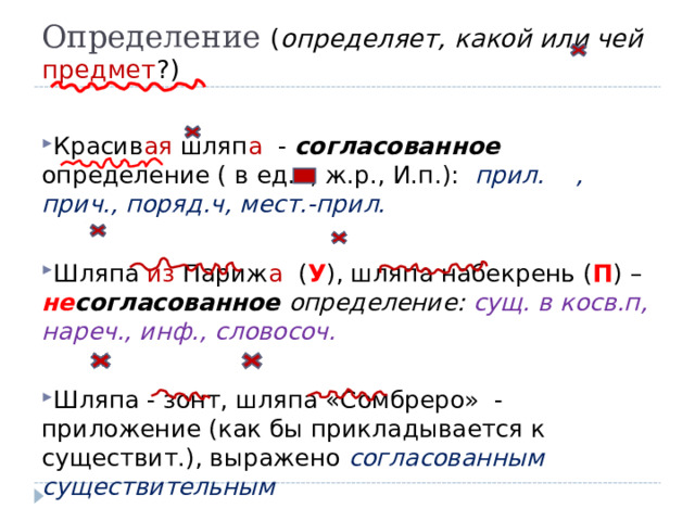 Определение ( определяет, какой или чей предмет ?) Красив ая шляп а - согласованное определение ( в ед.ч, ж.р., И.п.): прил. , прич., поряд.ч, мест.-прил.  Шляпа из Париж а ( У ), шляпа набекрень ( П ) – не согласованное определение: сущ. в косв.п, нареч., инф., словосоч.  Шляпа - зонт, шляпа «Сомбреро» - приложение (как бы прикладывается к существит.), выражено согласованным  существительным  