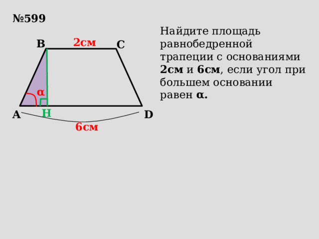 № 599 Найдите площадь равнобедренной трапеции с основаниями 2см и 6см , если угол при большем основании равен α.  2см B C α H A D 6см 