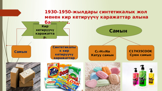 1930-1950-жылдары синтетикалык жол менен кир кетирүүчү каражаттар алына баштады. Кир кетирүүчү каражаттар. Самын C17H35COOK Суюк самын C 17 H 35 Na Синтетикалык кир кетирүүчү каражаттар Самын Катуу самын 