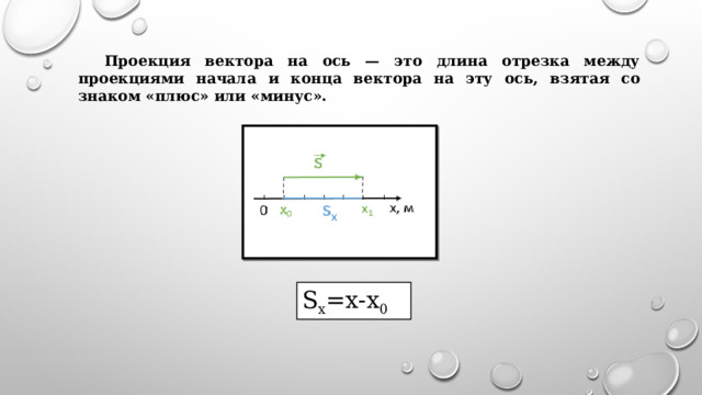 Проекция вектора на ось — это длина отрезка между проекциями начала и конца вектора на эту ось, взятая со знаком «плюс» или «минус». S x =x-x 0 