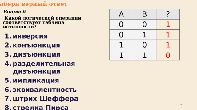 Выбери верный ответ Вопрос6  Какой логической операции соответствует таблица истинности? A 0 B 0 ? 0 1 1 1 1 1 0 1 1 0 инверсия конъюнкция дизъюнкция разделительная дизъюнкция импликация эквивалентность штрих Шеффера стрелка Пирса 6 