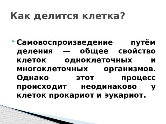 Как делится клетка?   Самовоспроизведение путём деления — общее свойство клеток одноклеточных и многоклеточных организмов. Однако этот процесс происходит неодинаково у клеток прокариот и эукариот. 
