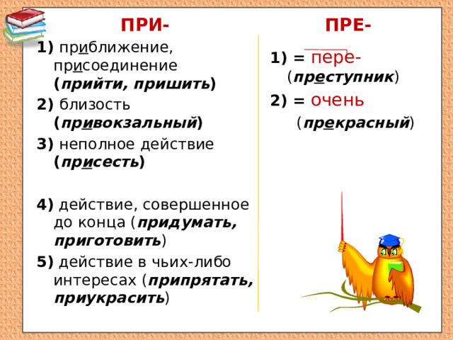 ПРИ- ПРЕ- 1) пр и ближение, пр и соединение ( прийти, пришить )  1) = пере- ( пр е ступник ) 2) близость ( пр и вокзальный ) 2) = очень 3) неполное действие ( пр и сесть )  ( пр е красный )  4) действие, совершенное до конца ( придумать, приготовить ) 5) действие в чьих-либо интересах ( припрятать, приукрасить )  