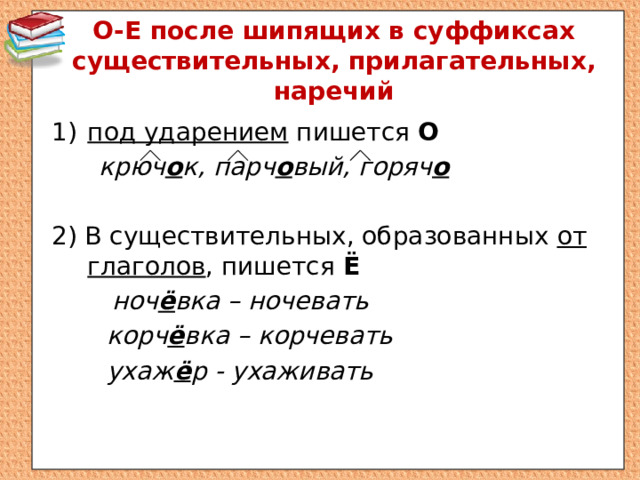 О-Е после шипящих в суффиксах существительных, прилагательных, наречий под ударением пишется О   крюч о к, парч о вый, горяч о  2) В существительных, образованных от глаголов , пишется Ё  ноч ё вка – ночевать  корч ё вка – корчевать  ухаж ё р - ухаживать 