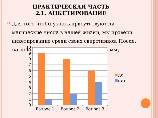 Практическая часть  2.1. Анкетирование Для того чтобы узнать присутствуют ли магические числа в нашей жизни, мы провели анкетирование среди своих сверстников. После, на основе результатов создала диаграмму. 