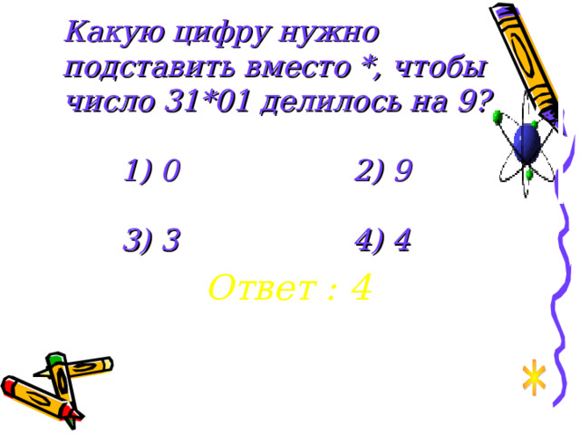 Какую цифру нужно подставить вместо *, чтобы число 31*01 делилось на 9?    1) 0     2) 9    3) 3     4) 4 Ответ : 4 