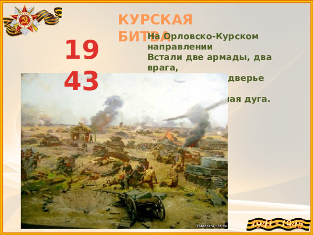 КУРСКАЯ БИТВА На Орловско-Курском направлении  Встали две армады, два врага,  И звенит в преддверье наступления  Курская железная дуга. 1943 