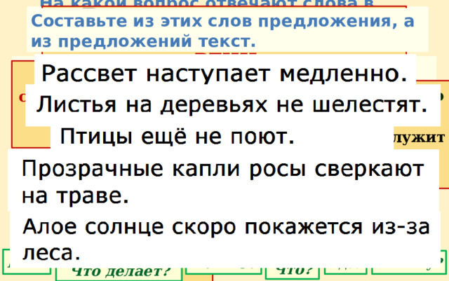 На какой вопрос отвечают слова в каждом столбике? К каким нельзя поставить вопрос? Все слова делятся на большие группы ЧАСТИ РЕЧИ В каких столбиках слов больше? Что это за группы слов? Составьте из этих слов предложения, а из предложений текст. глагол ЧТО ДЕЛАТЬ? действие имя существительное КТО? ЧТО? предмет предлог служит для связи имя прилагательное КАКОЙ? признак Кто? Что? Что делают? Что делает? Как? Какие? Почему? Где? 