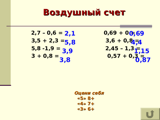 Воздушный счет  2,7 – 0,6 = 0,69 + 0 =  3,5 + 2,3 = 3,6 + 0,8 =  5,8 -1,9 = 2,45 – 1,3 =  3 + 0,8 = 0,57 + 0,3 =    2,1 0,69 5,8 4,4 3,9 1,15 3,8 0,87 Оцени себя    «5» 8 +     «4» 7 +   «3»  6 +      