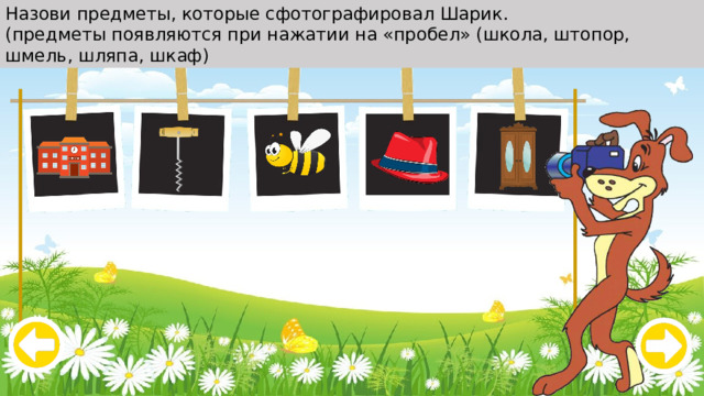 Назови предметы, которые сфотографировал Шарик. (предметы появляются при нажатии на «пробел» (школа, штопор, шмель, шляпа, шкаф) 