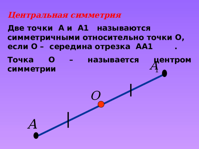 Центральная симметрия Две точки А и А1 называются симметричными относительно точки О, если О – середина отрезка АА1 . Точка О – называется центром симметрии 