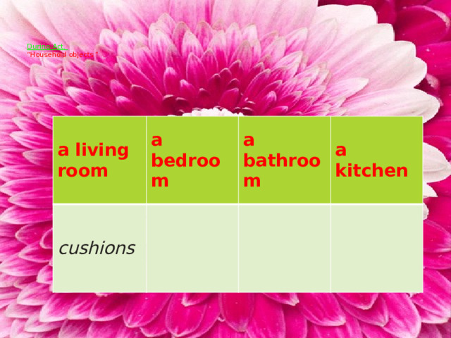  During-Act.  “Household objects ” .   a living room a bedroom cushions a bathroom a kitchen 